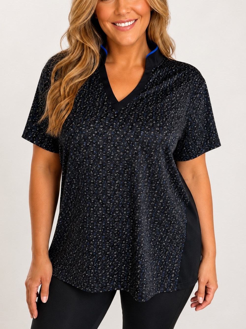 PGA TOUR Women’s XL Black Blue Floral Print Short Sleeve Golf Polo Top Athletic